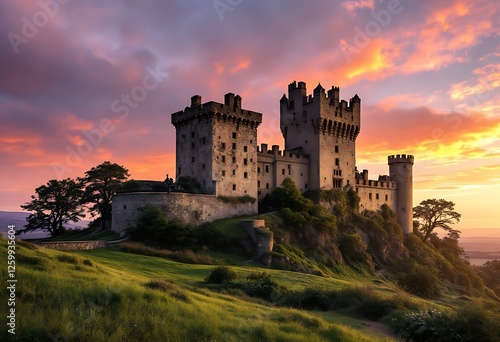 Majestic Medieval Castle on Hill at Sunset with Dramatic Sky