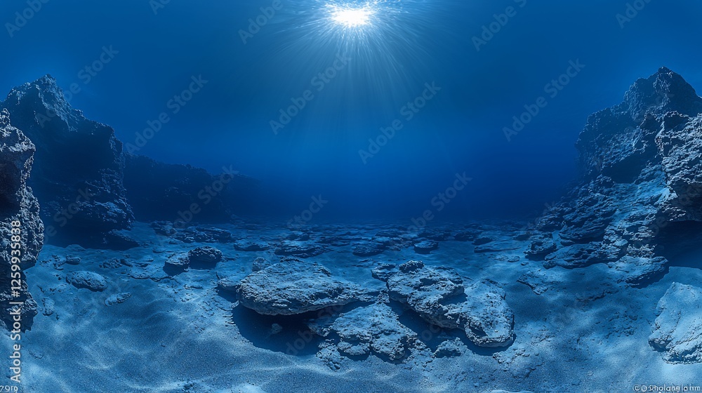 Fototapeta premium Sunlit ocean floor, rocks, sand, underwater, 360 panorama, VR background