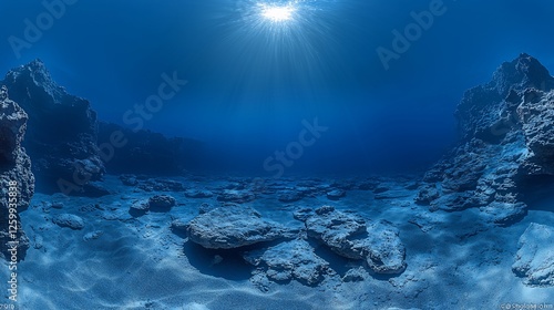 Sunlit ocean floor, rocks, sand, underwater, 360 panorama, VR background