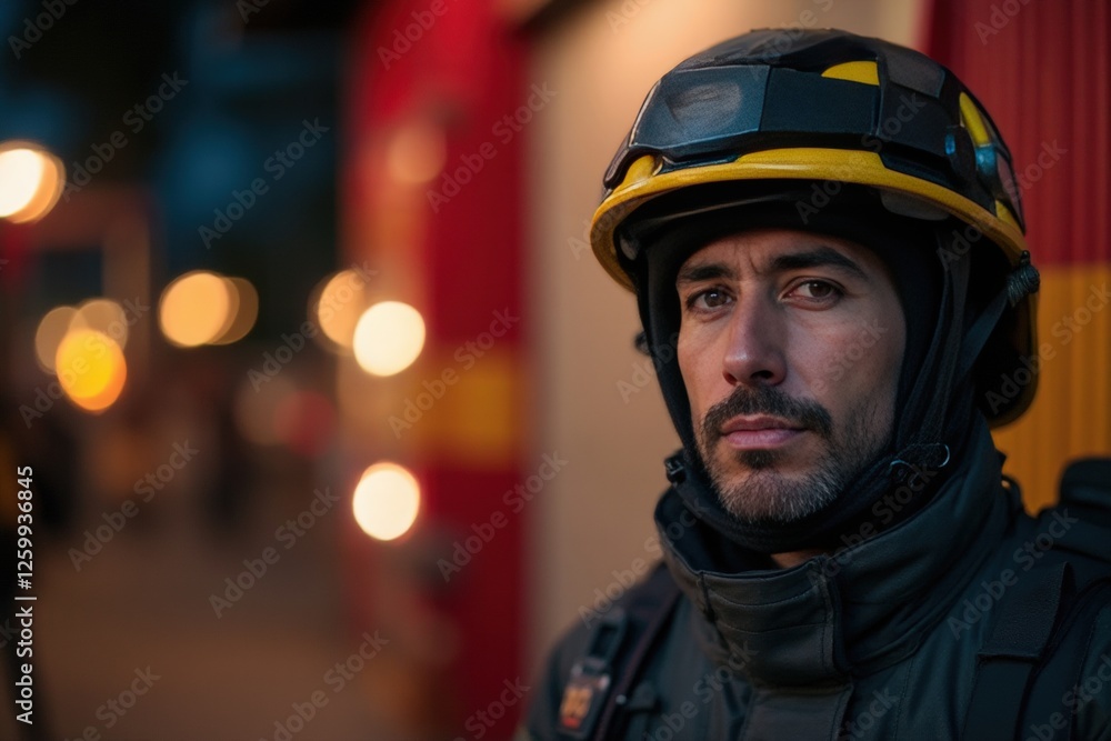 Fototapeta premium 40 years old Nicaraguan male firefighter looking at camera against blurred firestation background.