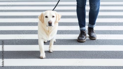 Pedestrian Walking Dog at Zebra Crossing with Striped Pavement and Clear Sky