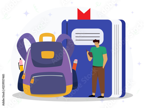 A man standing and reading book with big icon of bag and book. Vector of education knowledge. Concept of literature fans or lovers reading. 