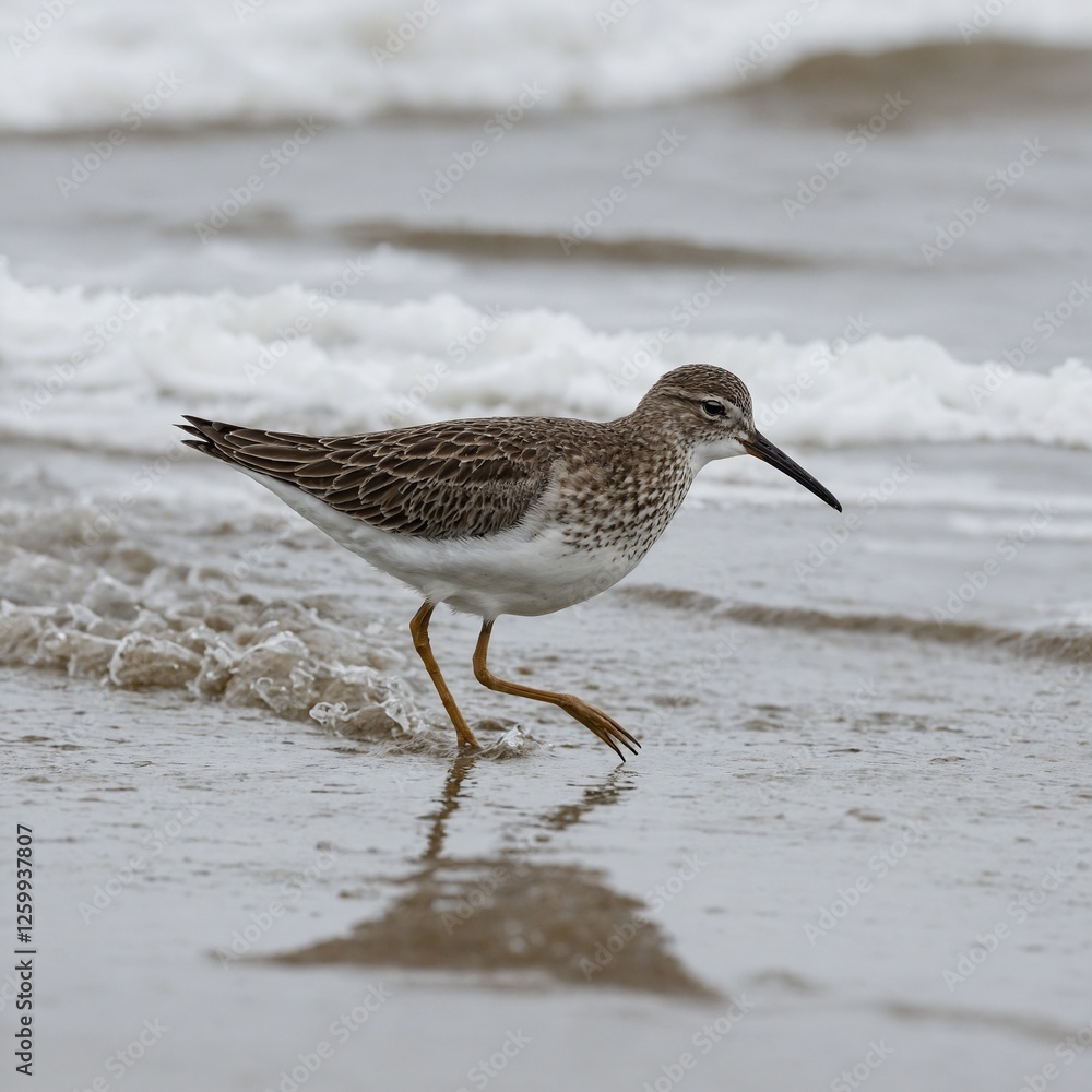 A sandpiper running along an invisible shoreline, pure white background. A sandpiper running along an invisible shoreline, pure white background.