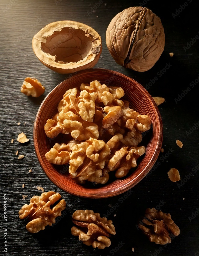 Fototapeta premium Walnut, dish, table, wooden, brown, healthy, food, snack, natural, texture, nut, surface, rustic, interior, decorative, organic, fresh, raw, vibrant, bowl, close-up, background, round, cracked, health