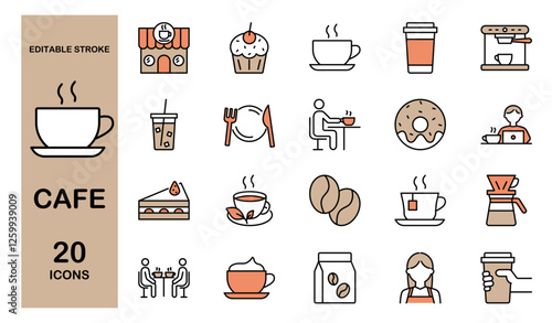 カフェに関するラインアイコンセット　コーヒーや紅茶、ケーキなど　編集可能　カラー
