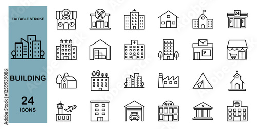 いろんな建物のアイコンセット　ビル　家　マンション　オフィス　工場　ショッピングモールなど  編集可能