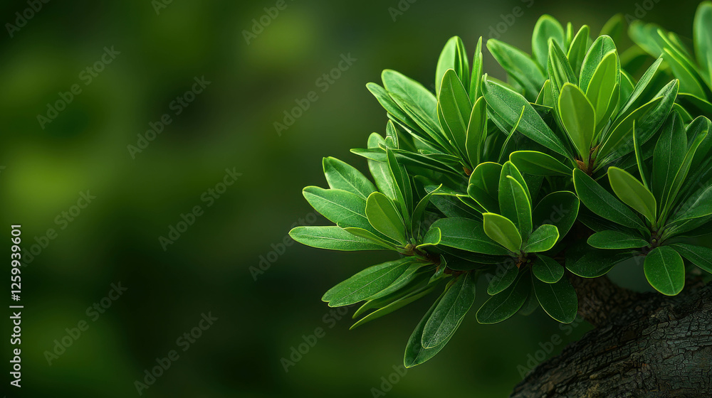 Graceful Japanese Podocarpus Growing Elegantly to One Side Amidst Lush Green Background Graceful Japanese Podocarpus Growing Elegantly to One Side Amidst Lush Green Background