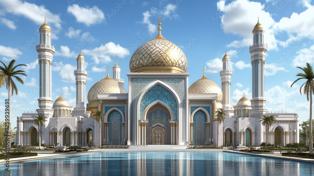 Fototapeta premium Majestic White and Gold Mosque with Reflecting Pool and Palm Trees