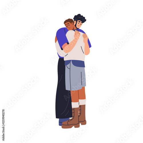 Gay couple embracing with love and support. Male partners hugging, romantic homosexual relationship. LGBT boyfriends cuddling with affection. Flat vector illustration isolated on white background