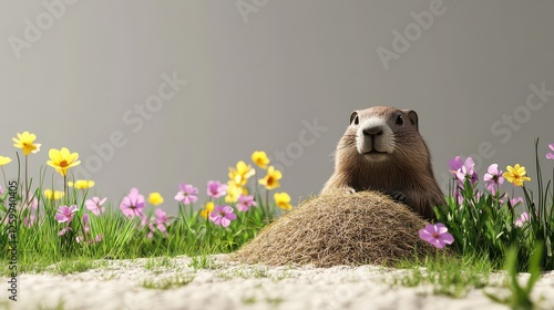 Prairie dog with peeking from burrow spring flowers sunny day wildlife. photo