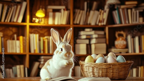 Easter bunny, cozy library, egg-shaped books, basket of Easter eggs, warm lighting, copy space, festive, intellectual, ultra-detailed, 8K, holiday, seasonal, vintage, storytelling, whimsical.