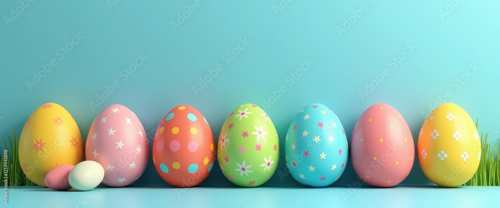 Easter Eggs Wallpaper Banner Poster: Brightly Colored Designs Against Lush Green Grass. A row of brightly colored easter eggs sitting on a blue surface. Easter Eggs Wallpaper Banner Poster: Brightly Colored Designs Against Lush Green Grass. A row of brightly colored easter eggs sitting on a blue surface.