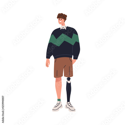 Man with prosthetic leg, bionic artificial limb standing. Happy smiling person, male character with disability with prosthesis, body part. Flat vector illustration isolated on white background