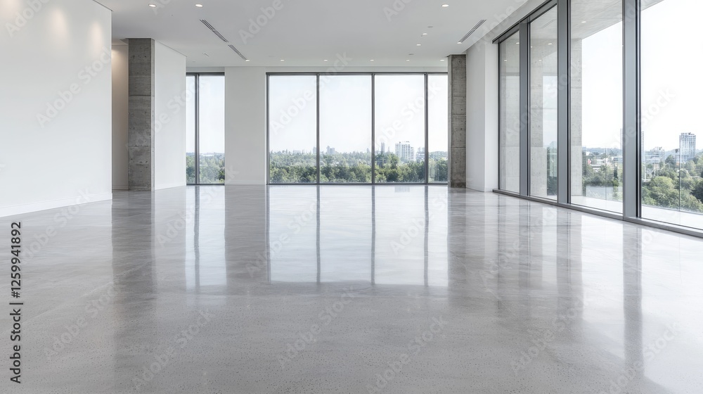 Empty modern office, city view, polished floor, spacious Empty modern office, city view, polished floor, spacious