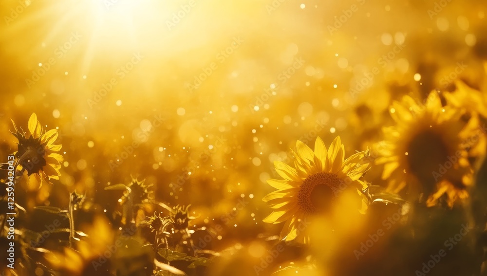 Obraz premium Golden sunflower field bathed in sunlight