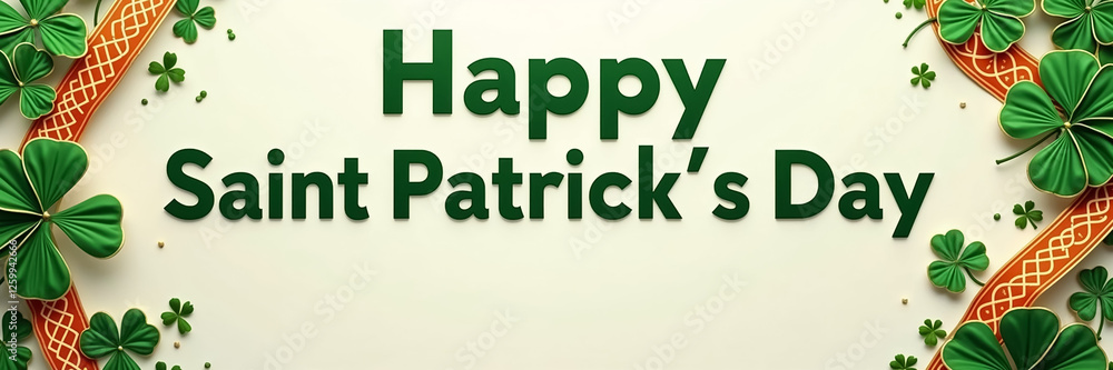 Fototapeta premium A cheerful greeting card features vibrant green shamrocks and decorative elements for Saint Patrick's Day. The design has a light background and is suitable for promotion during the holiday season