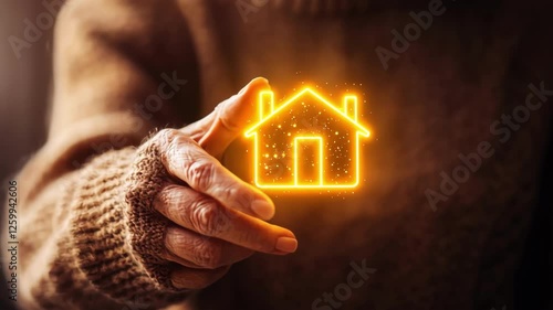 A person is holding a house in their hand. The house is lit up in orange, giving it a warm and inviting appearance. Concept of comfort and security, as the house is being held up by the person's hand