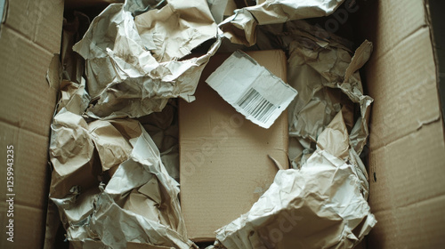 Crumpled Cardboard Box with Damaged Package Lying on Crumpled Paper Inside photo