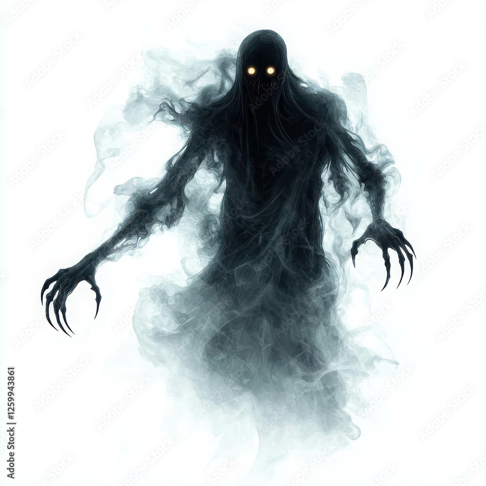 Fototapeta premium Dark Cartoon Ghostly Figure with Long Claws Emerging from Ethereal Misty Background