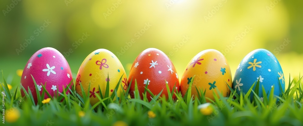 Fototapeta premium Five brightly colored Easter eggs with white floral patterns on green grass with bokeh background, for banner or website