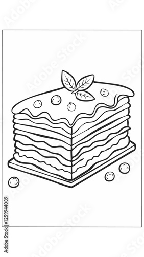 Lasagna Eatery Meal Coloring Kid Book Page in Black and White. Monochrome and Colored Samples
