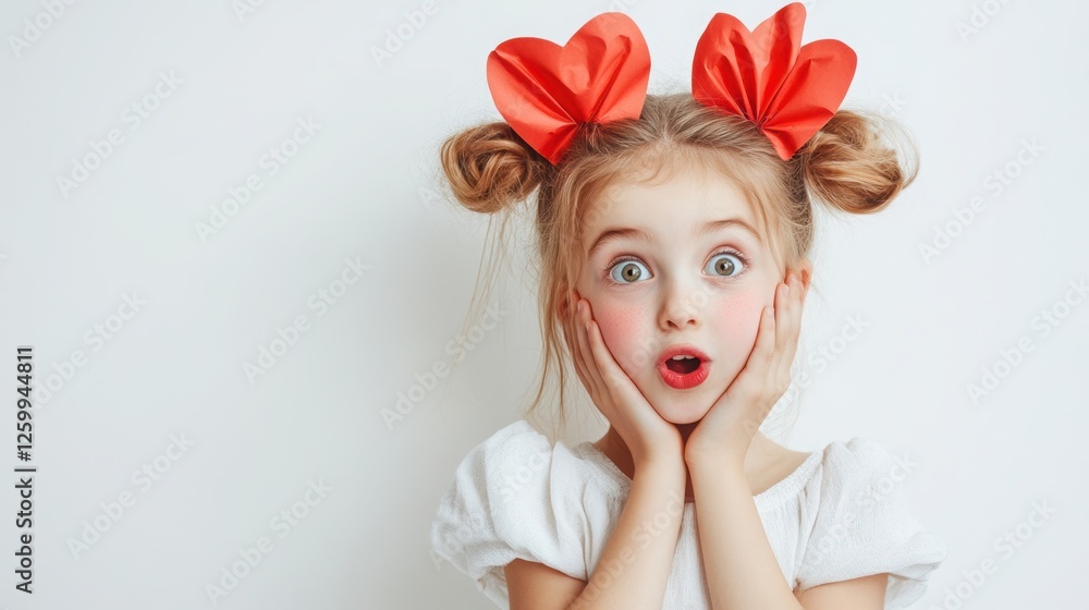 Photo of surprised amazed girl woman touching face cheek hold hands red heart paper shape standing posing isolated on white color background. Love, romantic St. Valentine, 14 February concept Photo of surprised amazed girl woman touching face cheek hold hands red heart paper shape standing posing isolated on white color background. Love, romantic St. Valentine, 14 February concept