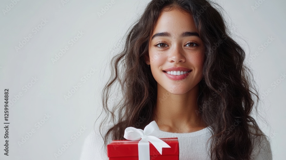 Portrait of a happy pretty latin hispanic woman holding giving red present box gift with white ribbon bow while standing and looking at camera isolated over white background Portrait of a happy pretty latin hispanic woman holding giving red present box gift with white ribbon bow while standing and looking at camera isolated over white background