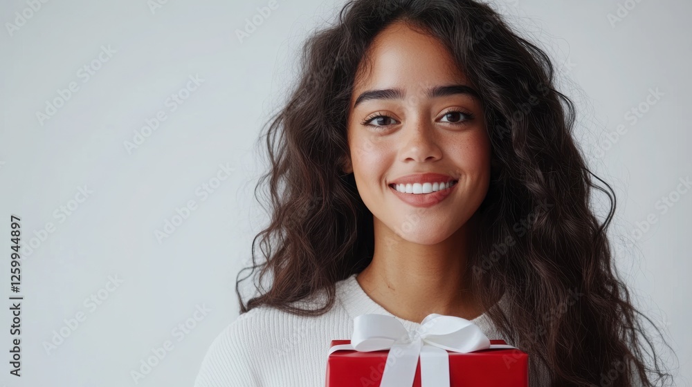 Portrait of a happy pretty latin hispanic woman holding giving red present box gift with white ribbon bow while standing and looking at camera isolated over white background Portrait of a happy pretty latin hispanic woman holding giving red present box gift with white ribbon bow while standing and looking at camera isolated over white background