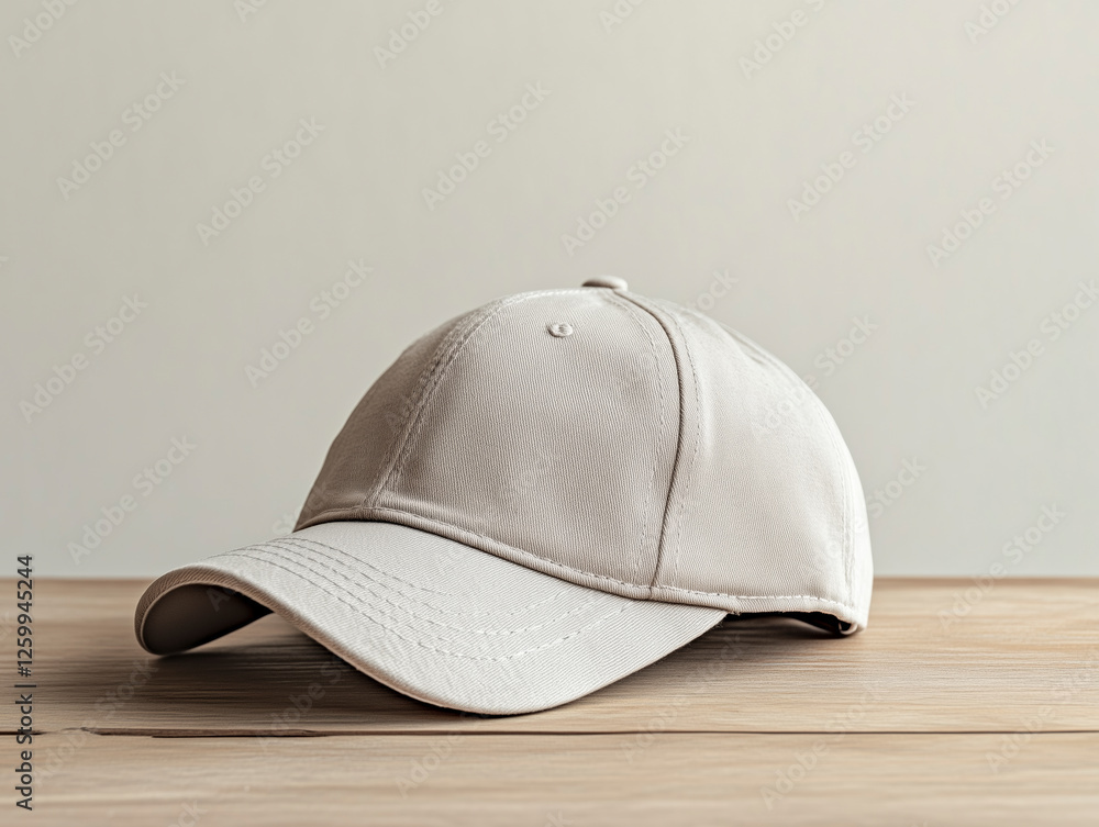 High-quality close-up of an unprinted basecap on a wooden table for professional use. High-quality close-up of an unprinted basecap on a wooden table for professional use.