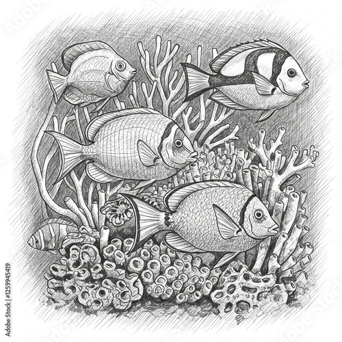 Tropical fish. Drawing of tropical fish with pencil. Fish in a coral reef.	 photo