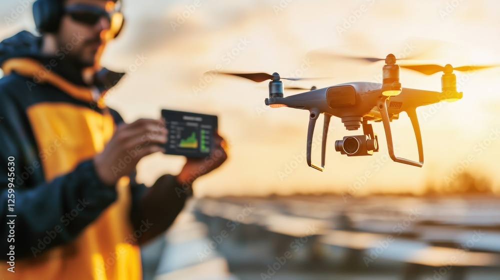 Drone Pilot Capturing Breathtaking Sunset Landscape in Remote Field Drone Pilot Capturing Breathtaking Sunset Landscape in Remote Field