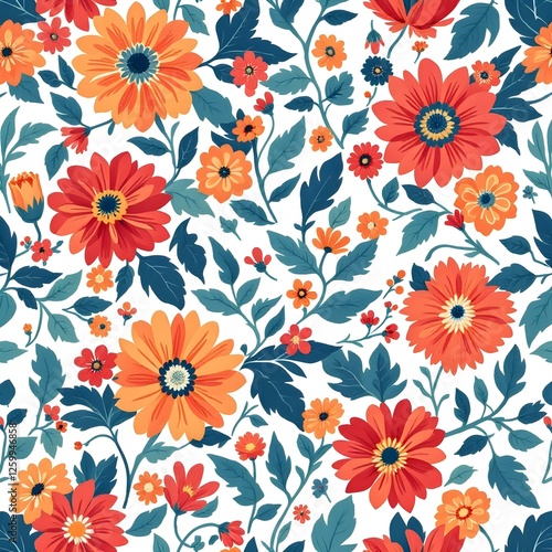 Wallpaper Mural Vibrant floral pattern, colorful ditsy print, red and orange flowers Torontodigital.ca