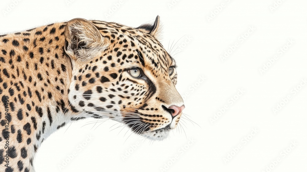 Close-up view of a leopard showcasing its spotted fur and intense gaze against a light background Close-up view of a leopard showcasing its spotted fur and intense gaze against a light background
