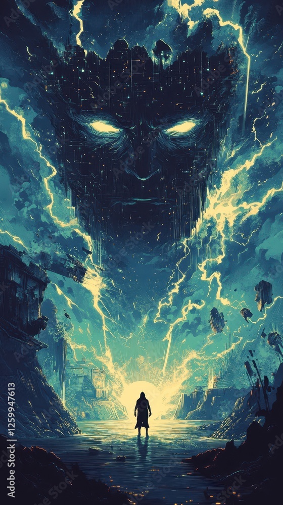 Obraz premium Person faces a colossal ominous face in a stormy landscape