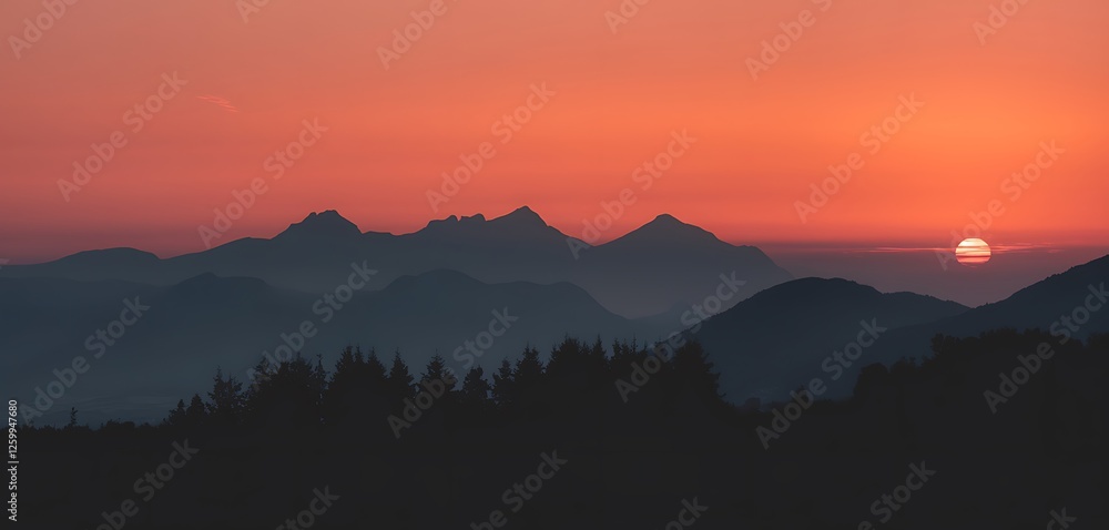 Sunset Illustration with Mountain Silhouette Sunset Illustration with Mountain Silhouette