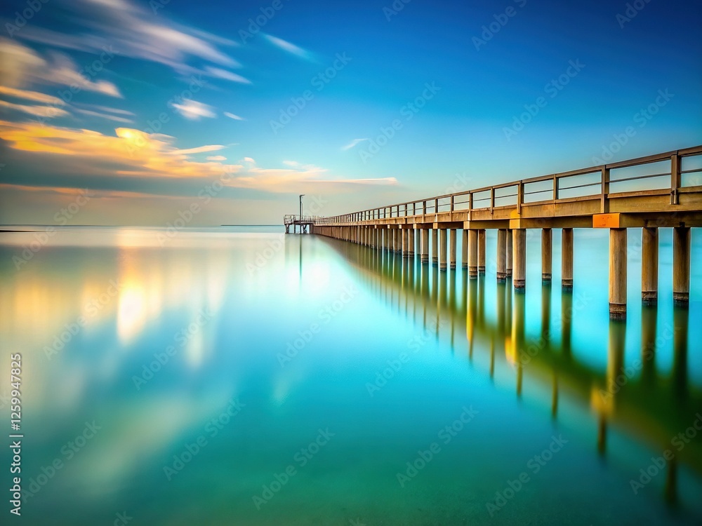 Naklejka premium Minimalist Pier Long Exposure: Calm Sea, Wooden Pillars, Water Reflection
