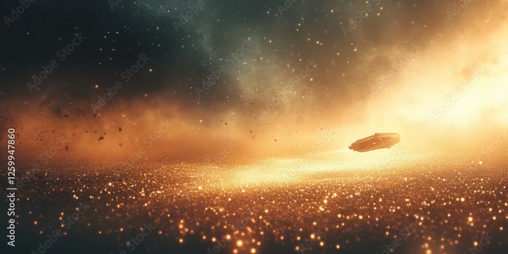 Obraz premium Spaceship flies through glittering galaxy with bright golden light