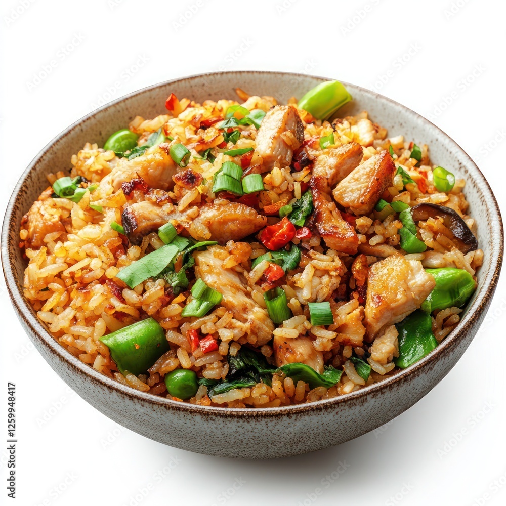 Five-Spice Fried Rice Aromatic fried rice cooked with Chinese five-spice, mixed vegetables, and diced chicken, garnished with crispy shallots Five-Spice Fried Rice Aromatic fried rice cooked with Chinese five-spice, mixed vegetables, and diced chicken, garnished with crispy shallots