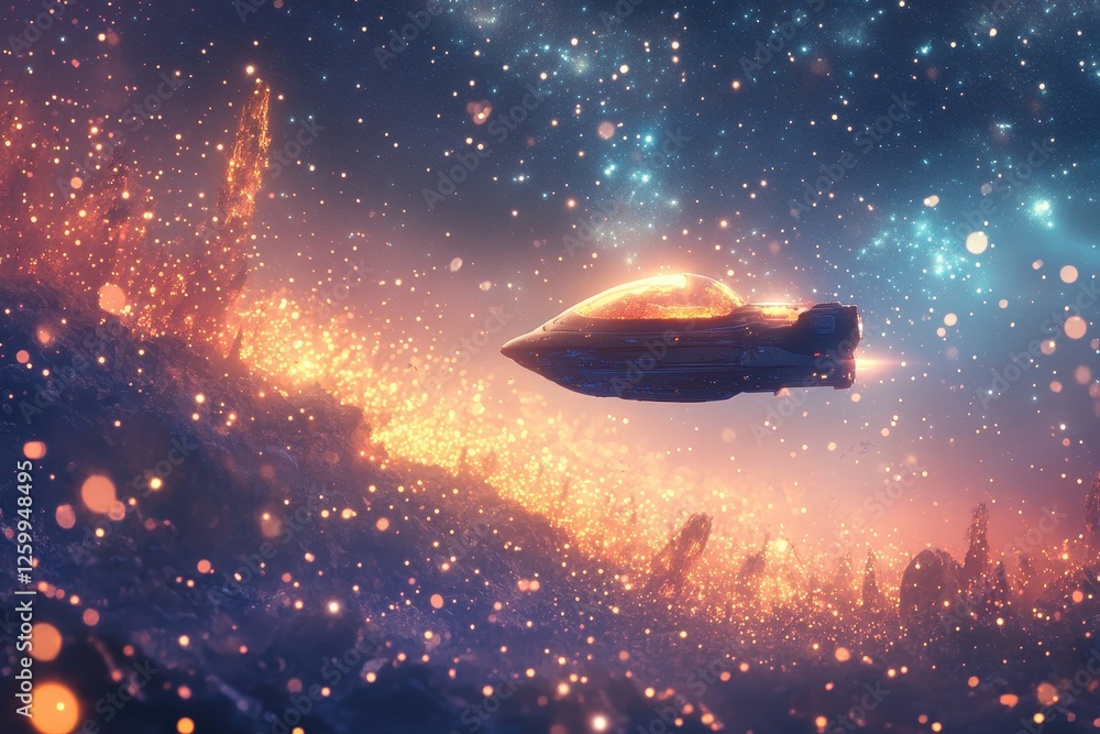 Obraz premium Futuristic spaceship flying through a sparkling nebula of cosmic dust
