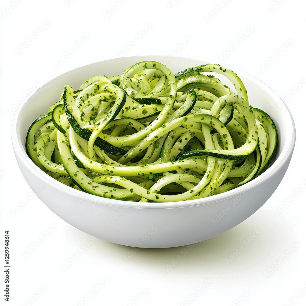 Zucchini Noodles with pesto sauce, isolated on white Zucchini Noodles with pesto sauce, isolated on white