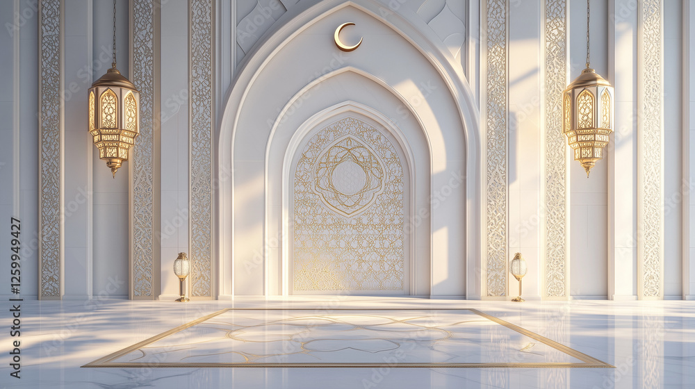Obraz premium grand mosque interior with golden arches and crescent moon