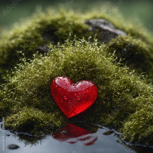 Glistening red heart with water droplets on moss, white background.Red heart on moss, transparent background.