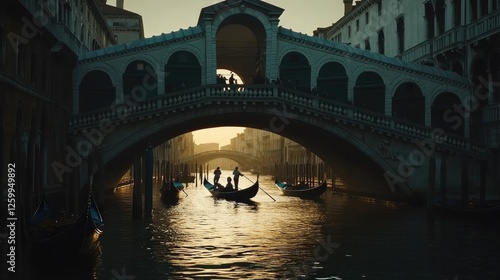 Gondola ride at sunset under Rialto Bridge, Venice photo