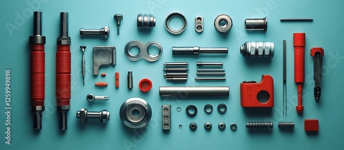 A flat lay of various metallic and red mechanical parts on a blue background, showcasing tools and components photo