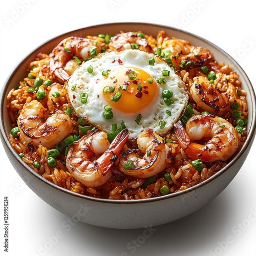 Indonesian Sambal Fried Rice A fiery fried rice spiced with sambal oelek, topped with fried shallots, prawns, and a crispy sunny-side-up egg photo