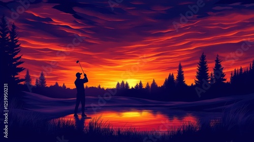 Golfer silhouette swings against a vibrant colorful sunset sky