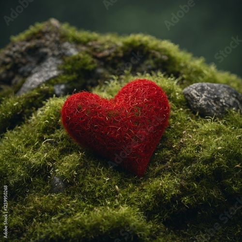 Red heart on moss, clear backdrop.