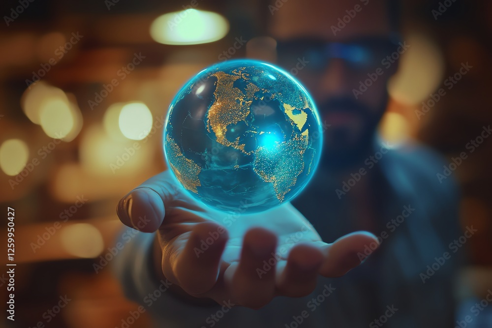 Fototapeta premium A defocused businessman holds a shiny blue globe highlighting Brazil, with vibrant blue line effects, conveying global business and innovation.