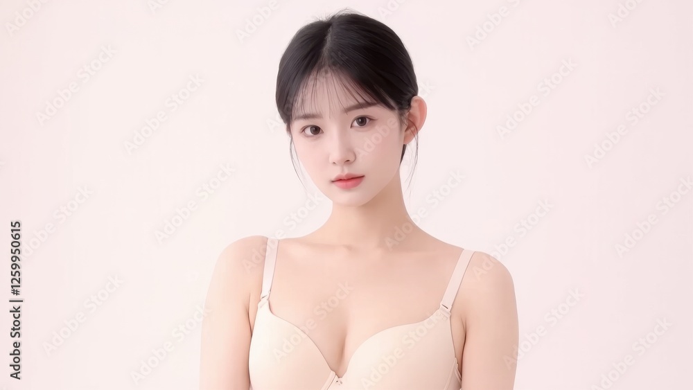 Young woman poses confidently in a minimalist setting emphasizing natural beauty and elegance Young woman poses confidently in a minimalist setting emphasizing natural beauty and elegance