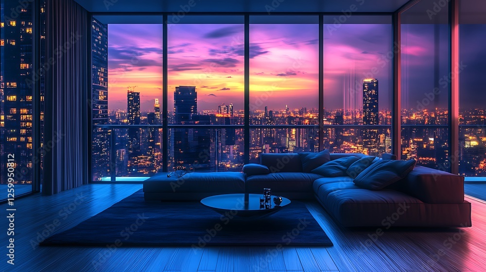 Fototapeta premium A fashionable and cozy loft living area with a breathtaking view of the city cityscape Roomy